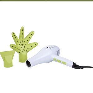 White and Green Hair Dryer with Attachments